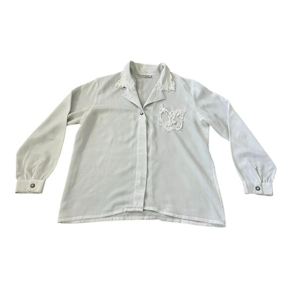 Impression Womens Button Up Shirt White Lace Collared Long Sleeve Pleated - Picture 1 of 9